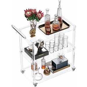 Dethan Acrylic Bar Cart with Lockable Wheels, Rolling Serving Cart with Pulling Handle, 3-Tier Clear for Home Bar, Kitchen, Living Room, Portable Beverage Space-Saving Modern Acrylic Trolley, 30.51 x 15.16 x 32 inches