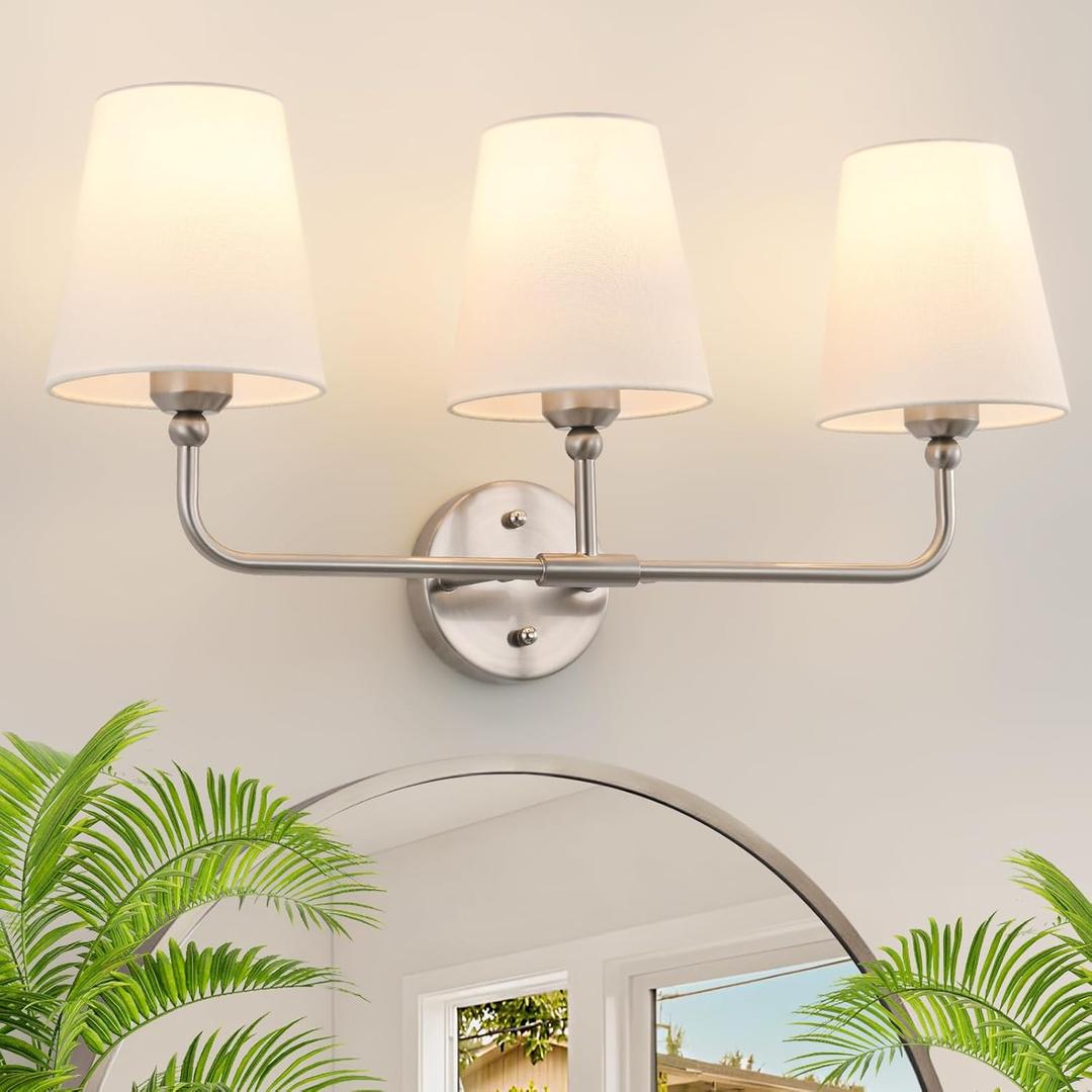 Bathroom Light Fixtures, 3-Light Brushed Nickel Vanity Lights, 24.5" Bathroom Lighting Fixtures Over Mirror with White Flared Fabric Shade, Modern Wall Sconces for Bathroom Bedroom Living Room Hallway