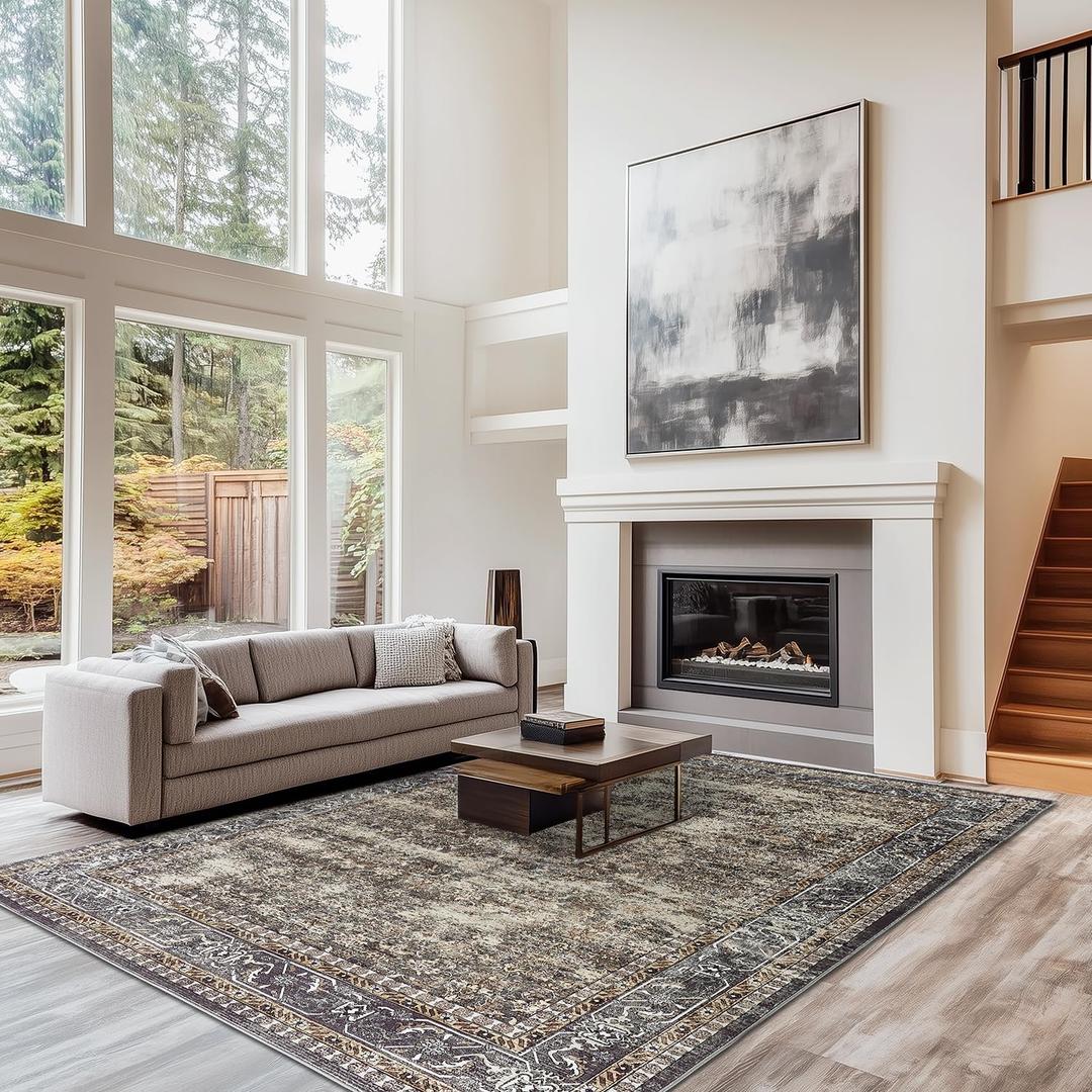 LAISE 8x10 Ft Area Rug Brown Boho Indoor Rug, Low Pile, Machine Washable, Non-Slip, for Living Room, Bedroom, Dining Room