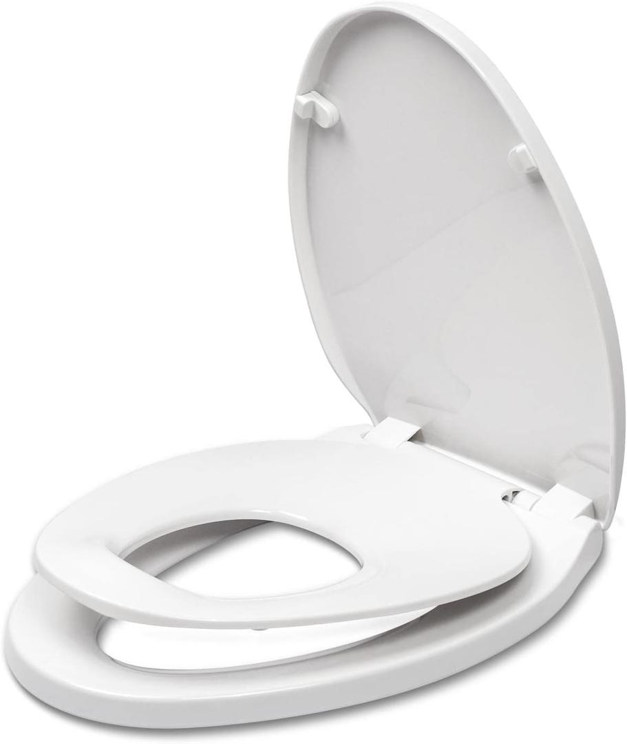 Elongated Toilet Seat with Slow Close Seat, Easy Clean, Suitable Standard Elongated or Oval Toilet with Thickened Plastic Lid, Plastic, White