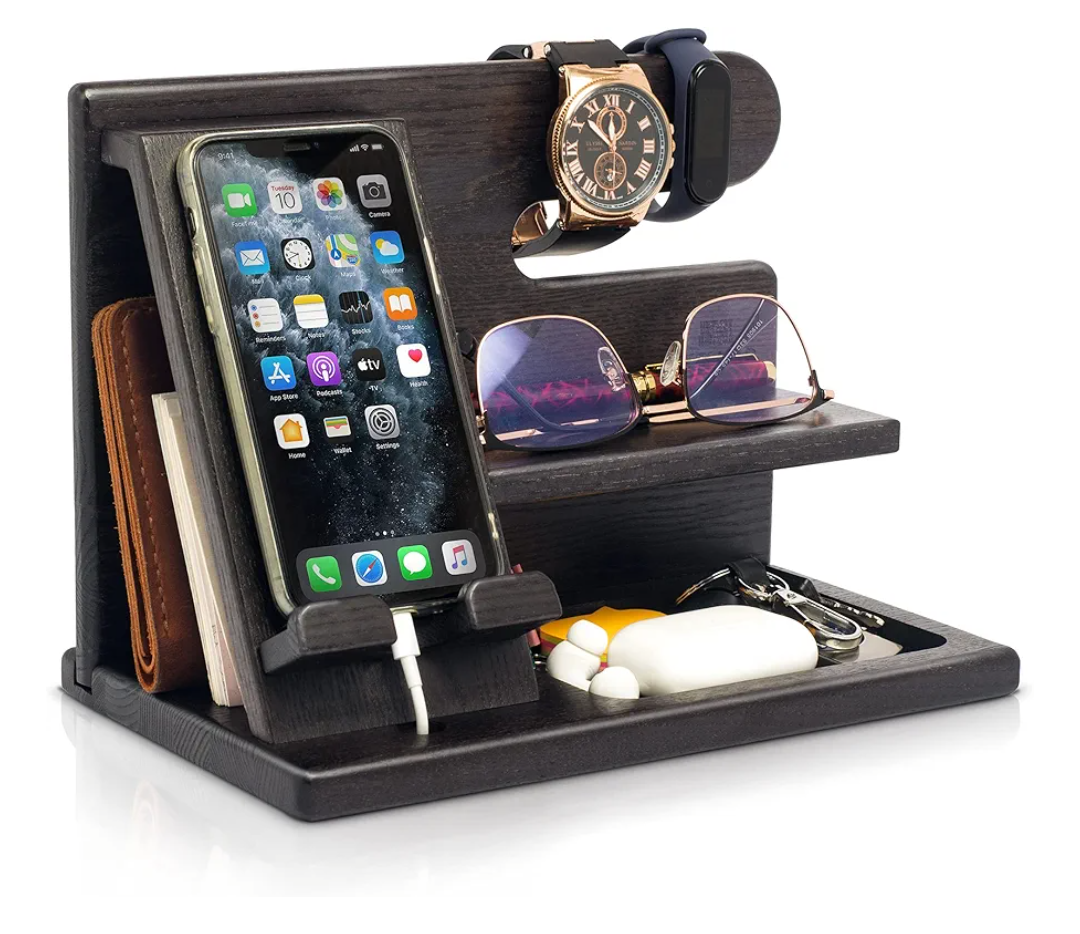 Wood Phone Docking Station for Men - Desktop or Nightstand Organizer - Birthday Gifts for Men, Dad - Anniversary Idea from Wife - Key Holder, Stand Wallet, Watch & Essentials (Black)