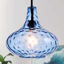 CATINER 11" Hand-Blown Blue Glass Pendant Light, Modern Hammered Glass Hanging Light Fixture with Black Finish, Adjustable Ceiling Pendant Lighting for Kitchen Island, Dining Room, Living Room
