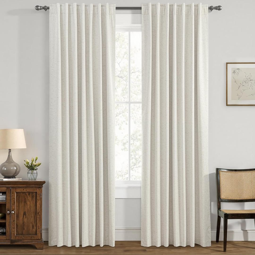 ANRODUO Ivory White 100% Blackout Linen Curtains 84 Inch Length 2 Panels, Back Tab/Rod Pocket Blackout Curtains Full Black Out Thermal Curtain for Summer Heat, Farmhouse Room Darkening Curtain Bedroom