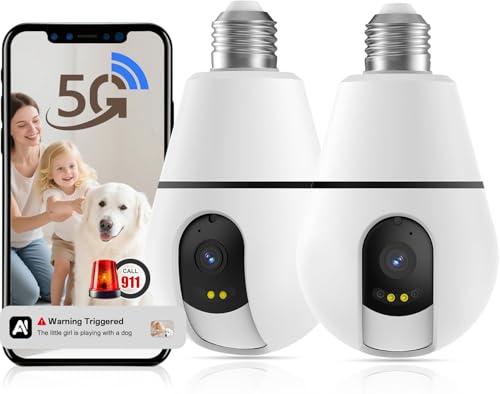 Light Bulb Security Camera, 5G/2.4GHz Lightbulb Security Cameras Wireless Outdoor for Home Security, Smart AI Motion Detection, US-Based Cloud Storage, 911 Calling Color Night Vision (2 Pack)