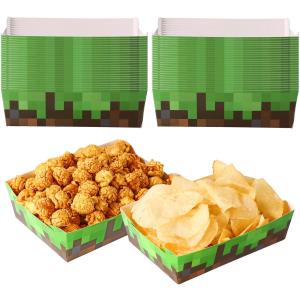 BOXOB 36pcs Pixel Party Food Trays, Brown and Green Pixel Miner Theme Trays Practical Paper Food Snack Displaying and Storing Plates Supplies for Birthday Decorations Green Miner Theme Party Favors