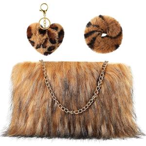 3 Pcs Faux Fur Handbag for Women Set Fuzzy Hair Tie Pom Heart Keychain Leopard Accessories