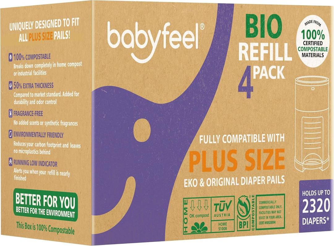 Babyfeel BIO Refills Compatible with DEKOR PLUS Diaper Pails | 100% Compostable | 4 Pack | 50% Extra Thickness | Compost Refill bags with Running Low Indicator | Powerful Odor Control | Fragrance-free