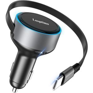 Retractable Car Charger USB C, 90W Phone Cigarette Lighter Adapter USB-C Fast Charging Plug Car Accessories for iPhone 17 16 15 Pro Max, iPad, Android, Built-in Type-C Cable, Gifts for Women Men