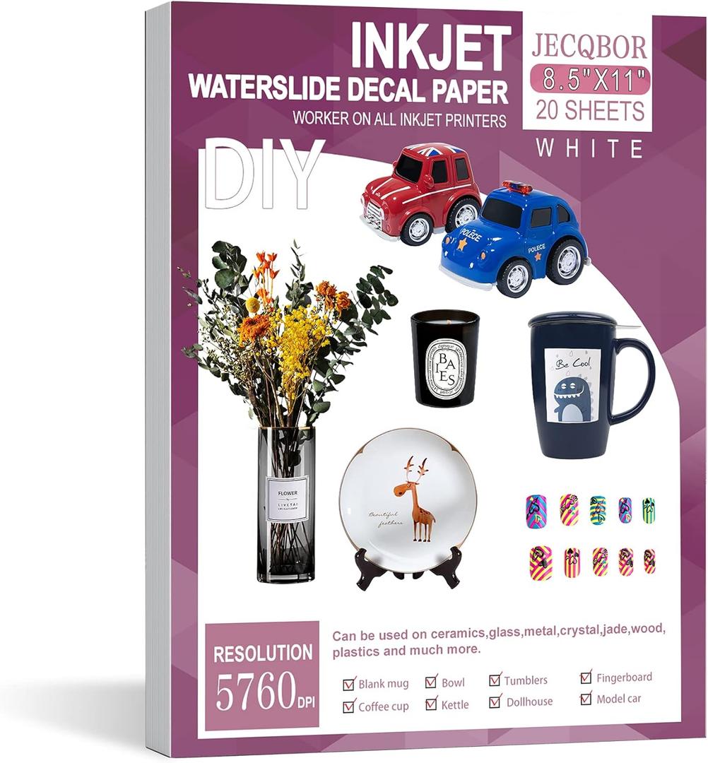 20 Sheets Waterslide Decal Paper INKJET WHITE for Dark and Light Colors, 8.5X11 Inch No Baking Water Slide Transfer Paper Printable for Tumblers,Ceramics,Plastics,Glasses,DIY