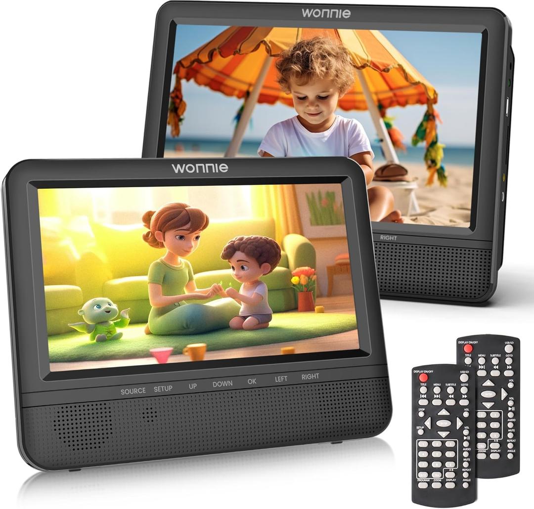 WONNIE 7.5 Inch Car DVD Player, Portable DVD Player for Car Play the Same or Two Different Movies with Headrest Straps, Support Last Memory, AV Out/in, USB/SD, All Regions