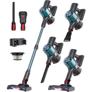 GGV Cordless Vacuum Cleaner, 60 Mins Runtime Vacuum Cleaners for Home, Stick Vacuum Self-Standing, Wall Mount Charging, 3 Mode Handheld Vacuum for Pet Hair/Carpet/Floor (Green)