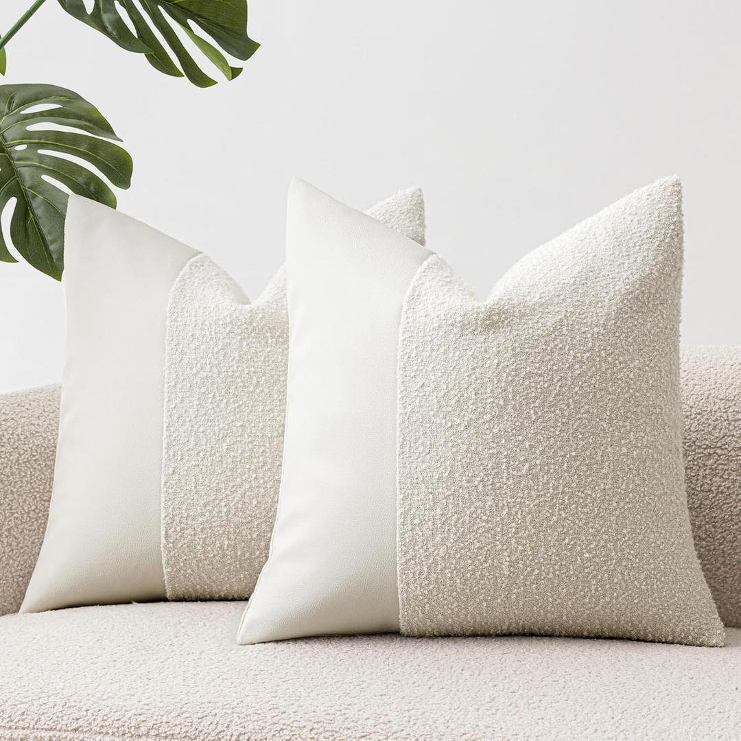Set of 2 Fluffy Boucle Pillow Covers 18"x18", White Textured Throw Pillow Covers with Faux Leather Accents, Boho Decorative Pillow Cases for Couch, Bed, or Farmhouse Home Decor