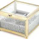 Gold Diamond Glass Jewelry Box, Keepsakes Box, Electroplated Metal Frame Textured Glass Trinket Box,with Velvet Compartment for Rings, Earrings, Vintage Elegant Decorative Storage for Vanity