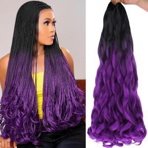 COOKOO 9 Packs Pre Stretched French Curls Bouncy Braiding Hair 22 Inch Spiral Curls Braid Hair with Curly Ends Spanish Curly Braiding Hair Loose Wavy Synthetic Hair Extensions for Women 1B/Purple#