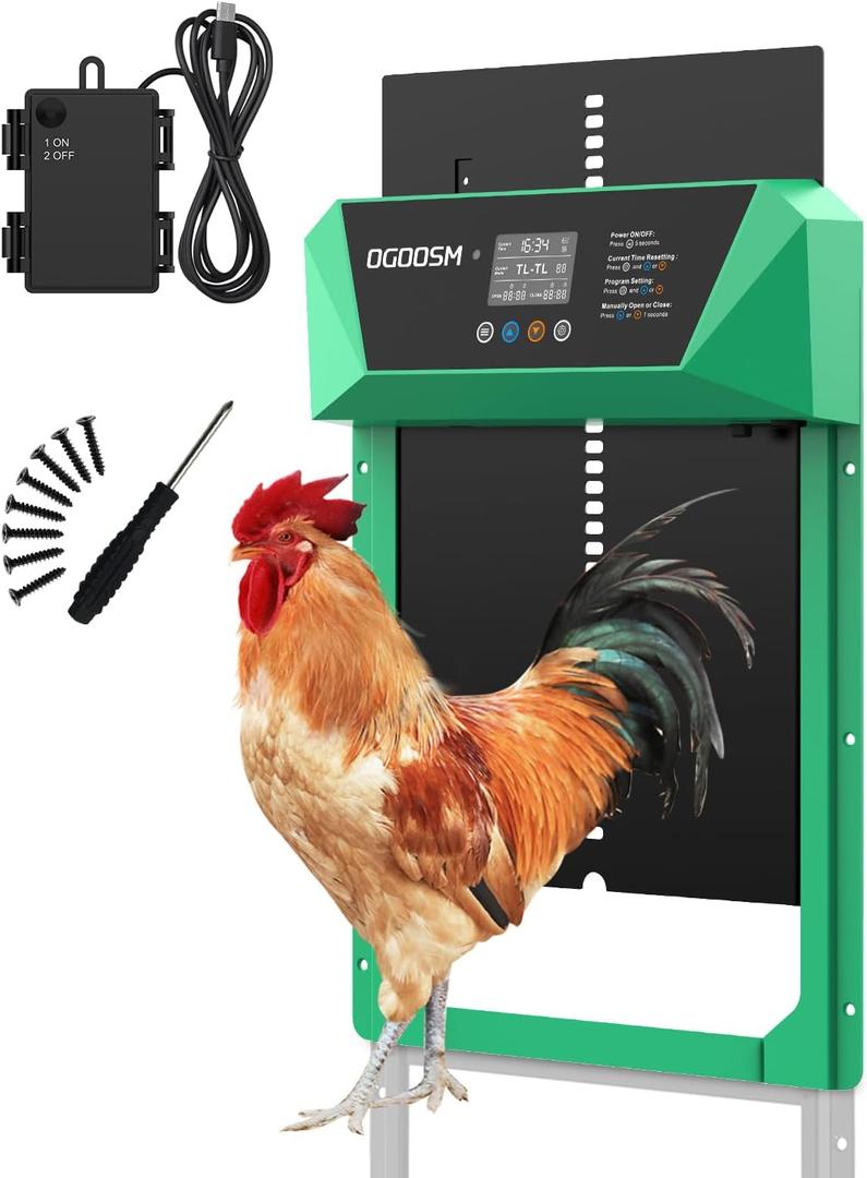 Large Size Aluminum Automatic Chicken Coop Door with Anti-Pinch Feature, Timer and LCD Display (Green)