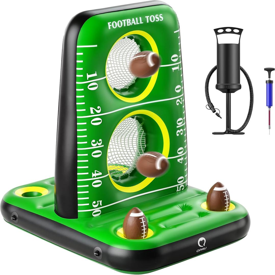 QPAU Inflatable Football Toss Game for Pool  Water Football Target with 4 Balls & 2 Pumps, Dual Net Design, Stable Base, Summer Pool Game for Kids & Adults