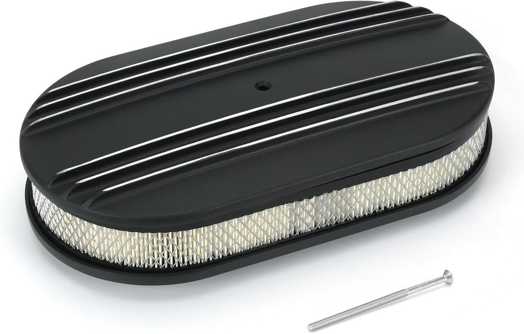 Universal 15" Oval Half Finned Air Cleaner Assembly,with Mounting bolt Black Aluminum Alloy Oval Polished Full Finned