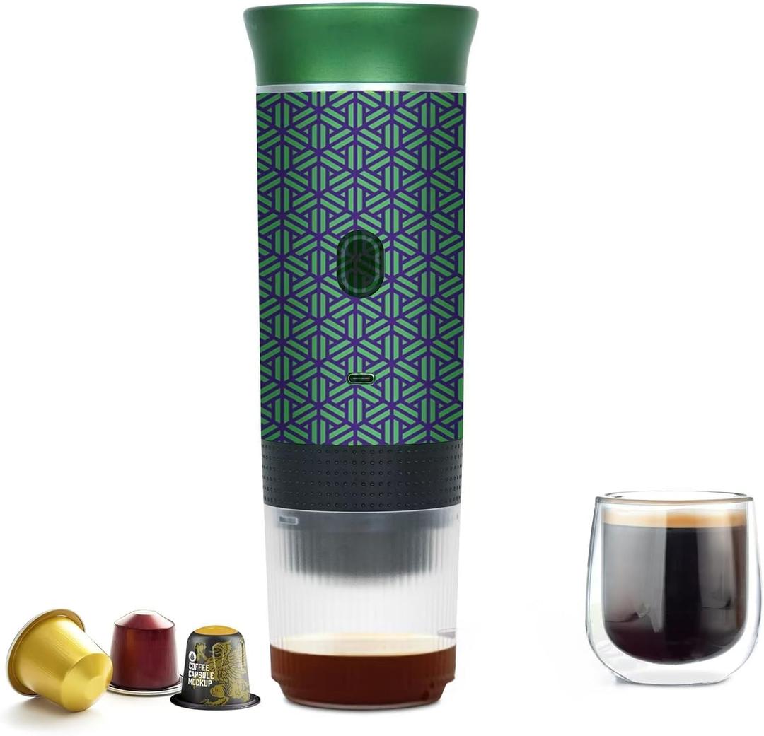 Coffee Maker Gift Set for Camping,Battery Powered Portable Electric Espresso Machine, Rechargeable Coffee Maker Self Heating Ground Coffee Capsule for RV, Hiking (Green mix Black)