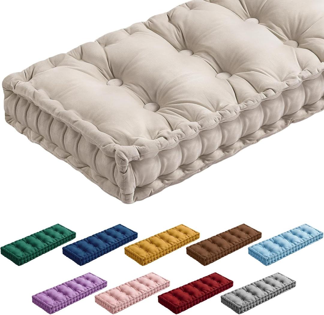 Threehoney Bench Cushions for Indoor Furniture 36x14 in Velvet Kitchen Dining Piano Window Seat Cushion, Tufted Patio Porch Swing Thicken Bench Pad Memory Foam(Ivory White)