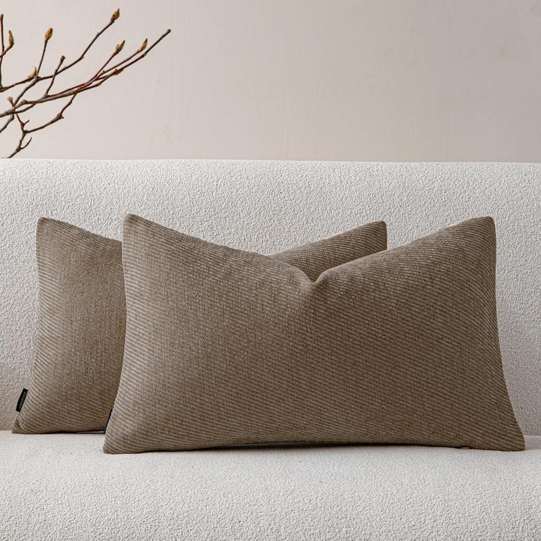 A Moment Pack of 2 Decorative Chenille Throw Pillow Covers with Twill Cushion Covers for Sofa Living Room Couch Bed 12x20 Inch Dark Brown