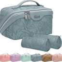 BOYATU Travel Makeup Bags Cosmetic Organizer Bag: 3-Set Large Capacity Make up Bag - PU Leather Toiletry Bags for Women - Wide Open Portable Pouch with Divider & Handle (01-Light Blue)