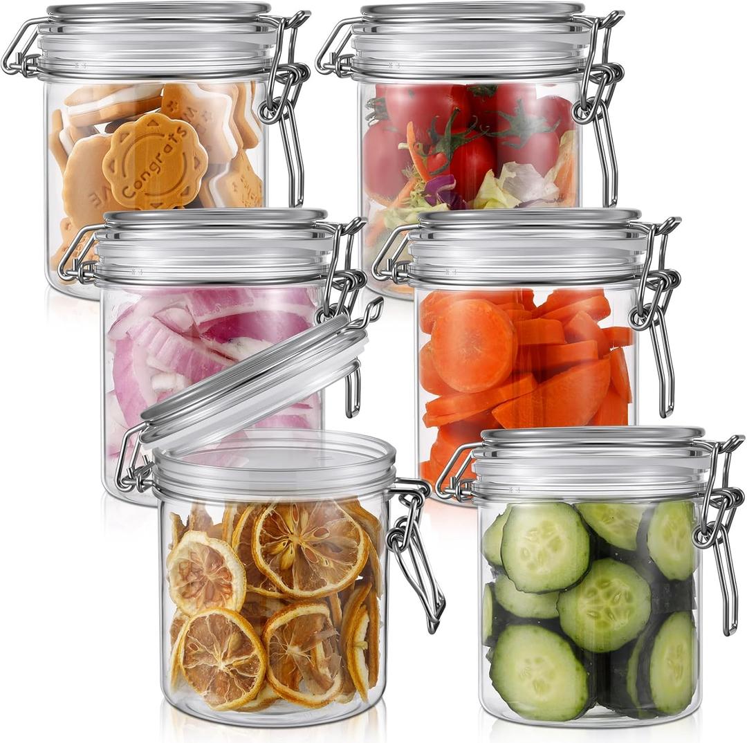 Suclain 6 Pcs 17 Oz/500ml Plastic Storage Jars with Airtight Hinged Lids, Clear Wide Mouth Food Storage Containers Empty Bottles Sealed Jars for Home Kitchen Candy Herbs Spices Coffee Nuts