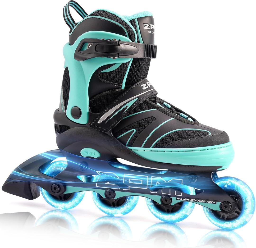 2PM SPORTS Kids Adjustable Inline Skates Ages 4-12, Youth Inline Skates for Girls Boys 5-8 8-12 with Full Light Up Wheels, Beginner Women Adult Skates (Mint)