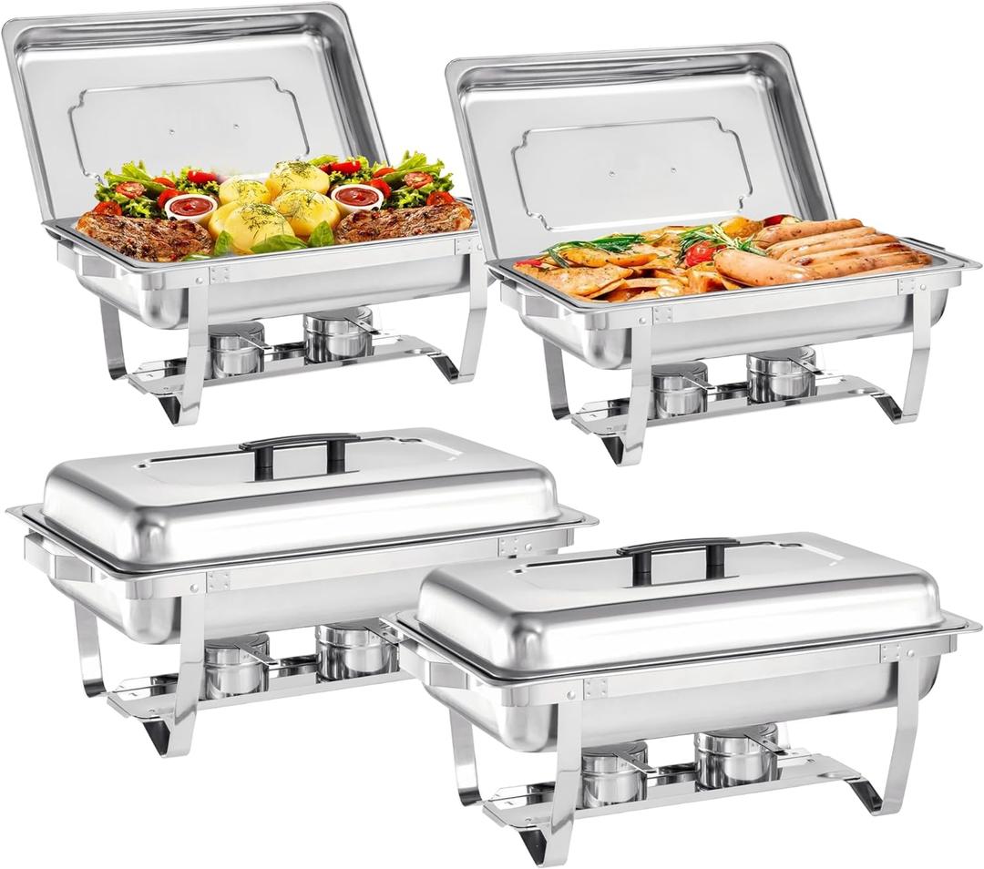 Chafing Dishes for Buffet 4 Pack, 9 Quart Stainless Steel Chafing Dish Buffet Set with Folding Frame, Food Warmers for Parties, Catering Supplies, Banquets, and Weddings