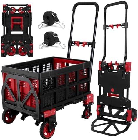2 in 1 Hand Truck Dolly with Folding Basket,Folding Hand Truck Heavy Duty 330lbs Capacity,Foldable Hand Trcuk with Retractable Handle and Rubber Wheels,Portable Dolly with Bungee Cords for Moving - Amazon.com