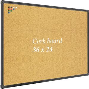 JILoffice Corkboard Bulletin Board 36 x 24 Notice Board, Black Aluminum Frame Wall Mounted Board for Office Home and School with 10 Push Pins