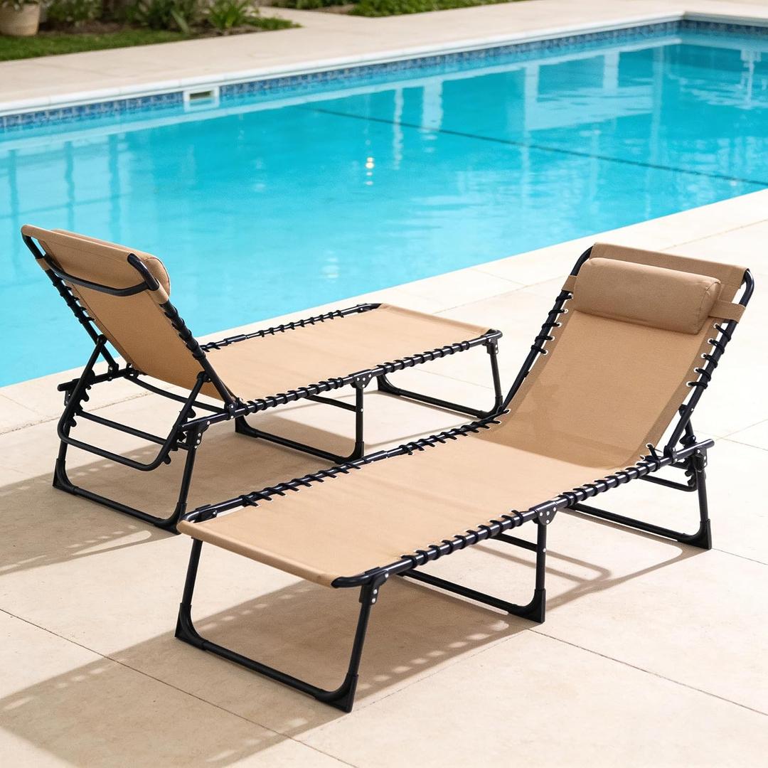 2 Pack Outdoor Folding Chaise Lounge 5-Position Adjustable Recliner 400LB Heavy Duty Portable Patio Camping Beach Chair, Beige