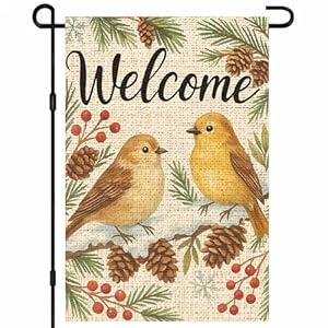 IVN Merry Christmas Blue Bird Pinecones Satan Garden Flag 12x18 Inch Double Sided Small Burlap Holiday Christmas Decorations Yard Flag for Outside Winter Xmas Home Front Door Lawn Porch Patio Welcome Decor