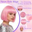 MEEZY 2 Pcs Colorful Bob Wigs with Bangs Pink Purple for Women, Neon Funny Wig Short Bob Hair with Heart Sunglasses Hair Cap for Halloween Costume Cosplay Birthday Bachelorette Party Carnival