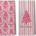 Pink Merry Christmas Tree Kitchen Towels, Coquette Christmas Tree Hand Towels for Bathroom, Preppy Pink Xmas Striped Holiday Dish Tea Towel for Kitchen Decor, 16x24 Inch Set of 2 (Color 17)