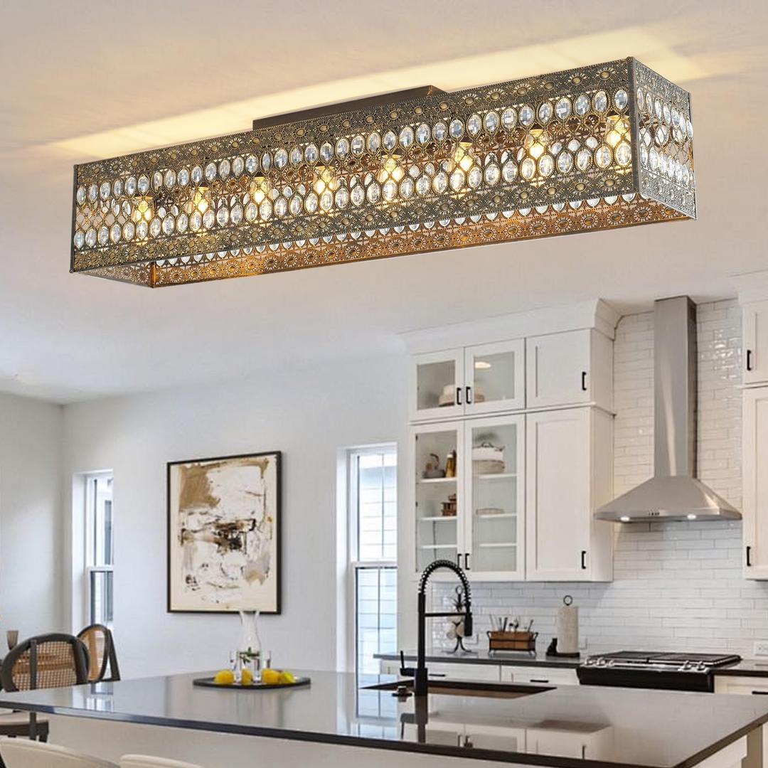 Garwarm 48 Inch Crystal Chandelier, 8-Light Rectangular Ceiling Light