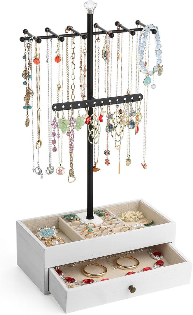 Meangood Jewelry Organizer Stand, 3-Tier Necklace Holder Jewelry Tree with Wooden Storage Drawer Box for Necklace Bracelet Earring Ring,White
