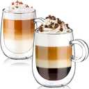 Glastal Double Walled Glass Coffee Mugs 12 oz, Cappuccino Cups Set of 2, Clear Glass with Handle, Insulated Borosilicate Double Wall Latte Coffee Mugs Milk Tea Cup, German Quality