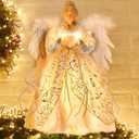 Christmas Angel Tree Topper with Feather Wings, Plug in Christmas Tree Ornament for Indoor Office Xmas New Year Holiday Tree Decoration (Angel_candle_white Gold)