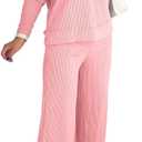 Womens 2 Piece Lounge Sets Long Sleeve Ribbed Knit Casual Top Wide Leg Pants Matching Set Spring Fall Outfits (Pink, L)