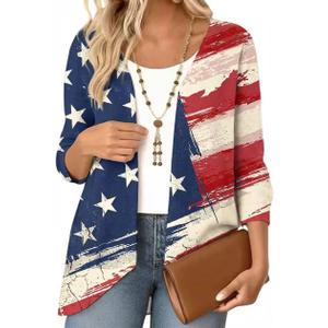 Beopjesk 3/4 Sleeve America Flag Cardigan for Women Summer 4th of July Independence Day Patriotic Kimono Cover Up Blouse Tops (XL)