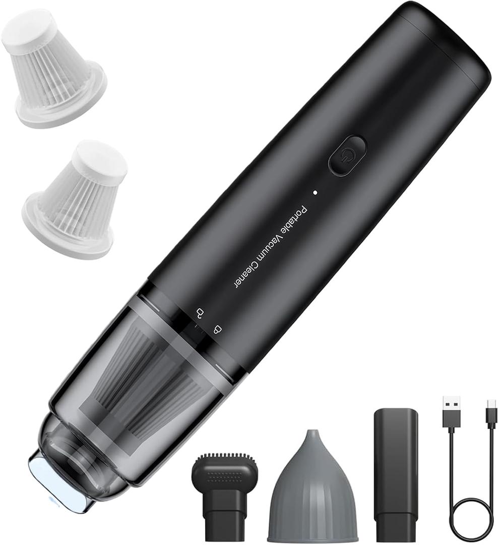 Handheld Vacuum Cordless, Car Vacuum Cleaner Portable with HEPA Filter, 2 Suction Modes, Mini Hand Held Vacuum Rechargeable for Car, Home, Pet Hair, Office, Keyboards(Black)