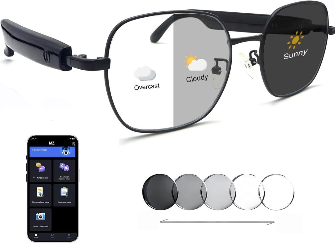 Translation Glasses Ai Smart Glasses for Women Men Bluetooth with Chat GPT 164 Language Color-Change Lens Clear Headphone with Speaker Sunglasses forTravel Meeting Trade Business