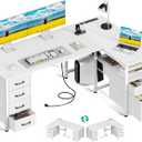 Coleshome L Shaped Computer Desk with 6 Drawers & Power Outlet, 55 Inch Corner Desk with Reversible Storage Shelf & File Drawer, Home Office Desk, White