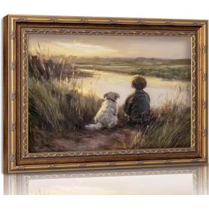 Gold Vintage Framed Wall Art Boy Fishing Wall Decor Painting, fall wall art Dog and Boy Landscape Canvas Retro Country Farmhouse Prints Artwork kids wall art for Bedroom Living Room 16x24inch