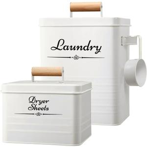 Farmhouse Metal Laundry Pods Container with Dryer Sheet Holder for Organization and Storage, Laundry Room Decor - Holds 156 Pods and 300 Sheets (White) (Regular, Beige)
