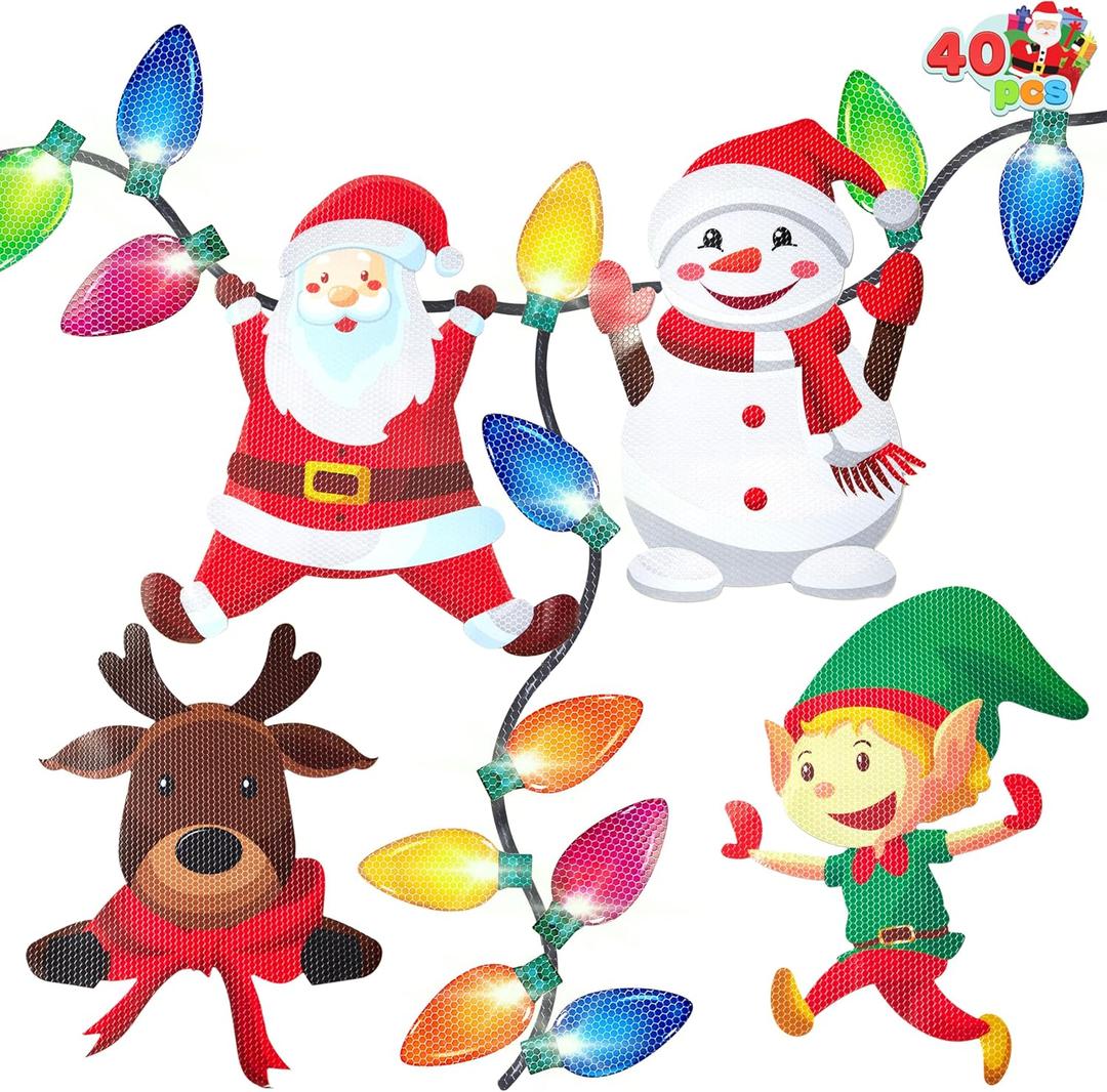 JOYIN 40PCS Christmas Car Refrigerator Decorations, 24 Bulb Light Reflective Magnets in 6 Color, 12 Wires Decals Ornaments and 4 Xmas Snowman Santa Elfish Elk Magnets Garage Decor Set for Holiday