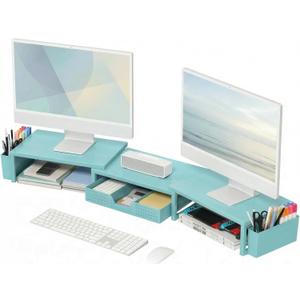 OPNICE Desk Organizers and Accessories, Dual Monitor Stand Riser with Drawer and 2 Pen Holders, Desk Shelf Metal Computer Monitor Stand for Office Workspace Organizers, Desktop Organization (Blue)