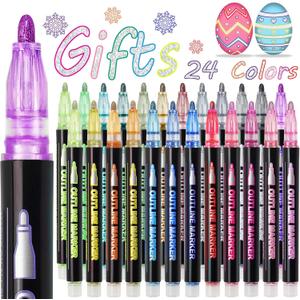 Shimmer Markers Doodle Outline Pens - Stocking Stuffers Kids Teen Tween Girls Ages 4 8 10 12 Year Old Gift Present 24 Colors Metallic Glitter Double Line Sparkle Set Art Craft Drawing Supplies Stuff