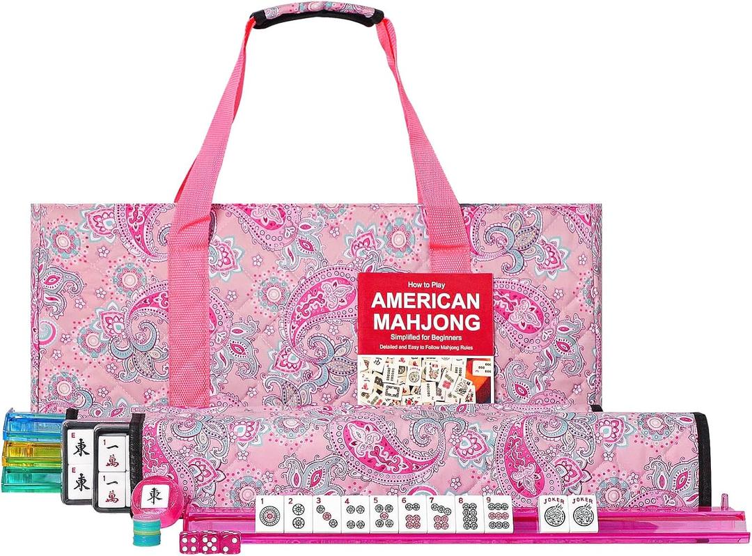 American Mahjong Game Set, 166 White Tiles, 4 All-in-One Color Rack/Pushers, Complete Mahjong Set with Pink Printed Carrying Bag, 10 Inches X 21 Inches X 4 Inches