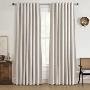 100% Blackout Curtains 80 Inch Length 2 Panels Set Farmhouse Style for Bedroom Windows/Living Room Thermal Insulated Neutral Boho Drapes Linen Blend Natural Long Hook Belt Pleated/Back Tab 80"W x 80"L
